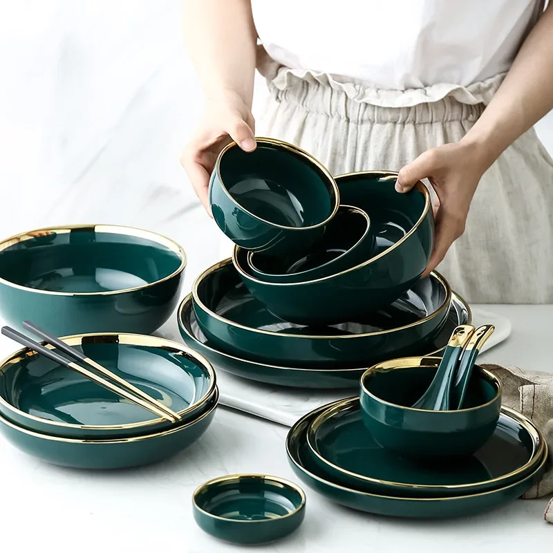 Luxury Plates and Bowls Dish Spoon Dinner Set with Ceramic Salad Ramen Bowl Deep Plate Crockery Green Dinnerware