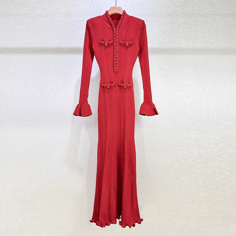 2026 Spring New Women's V-neck Handmade Beaded Long-sleeved Dress Y2K High Quality Fashionable Slim Fit Red Fishtail Long Dress