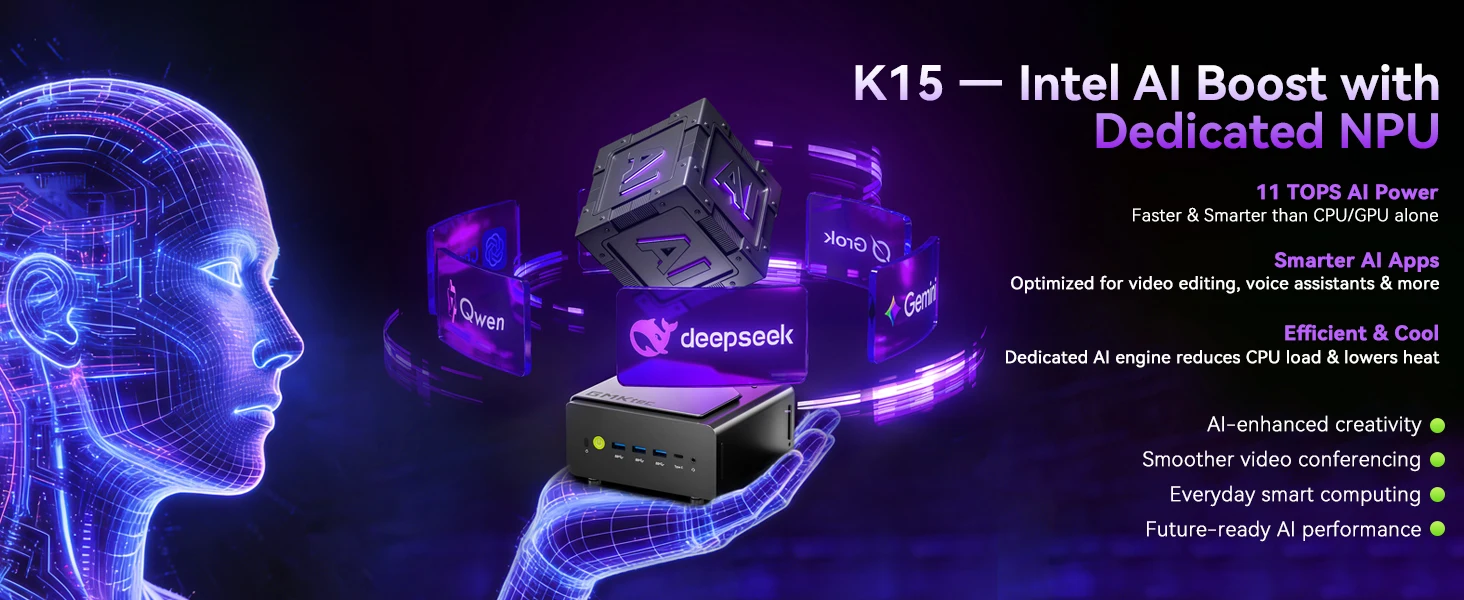 GMKtec K15 Mini PC Intel Core Ultra5 125U AI Barebone NO RAM NO SSD NO OS Support DDR5 NPU WIFI6E BT5.2 Desktop Gaming Computer