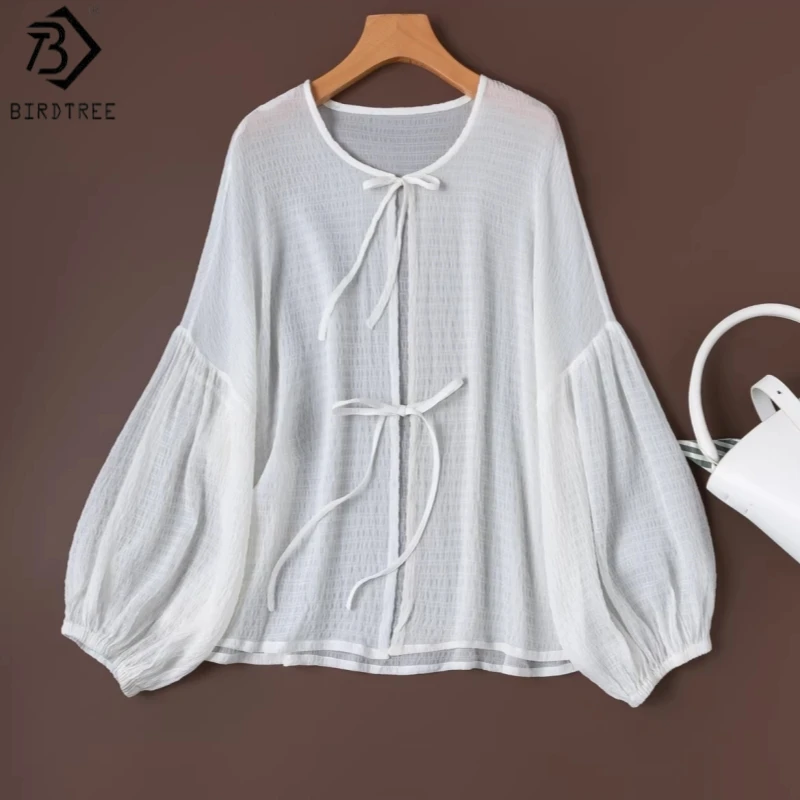 

Birdtree, 100% Real Silk Blouse, O-neck Lantern Sleeve Tops, Women Sheer Sun Protection Thin Cardigan, 2026 Spring New T63511JF