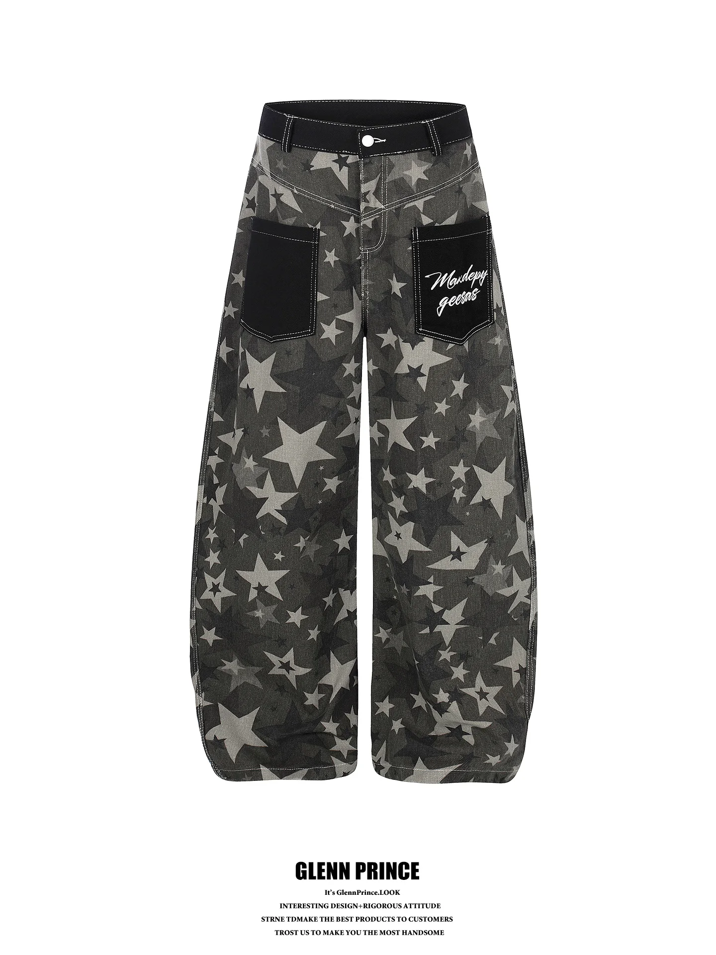 

American Retro Star Print Wide Leg Jeans Men Loose Slimming Loose Fit Casual Trousers Youthful Style Straight Tube Pants