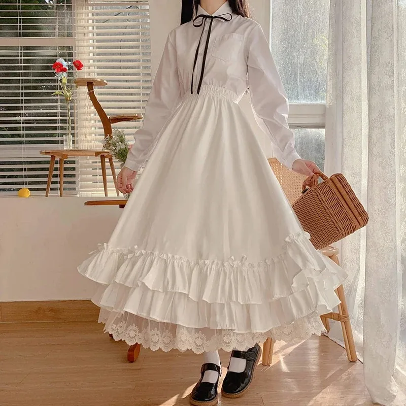 Saia monocromática de dupla camada com babados para mulheres, francesa e vintage, estilo Hepburn, preto e branco, saias longas femininas, meia saia japonesa