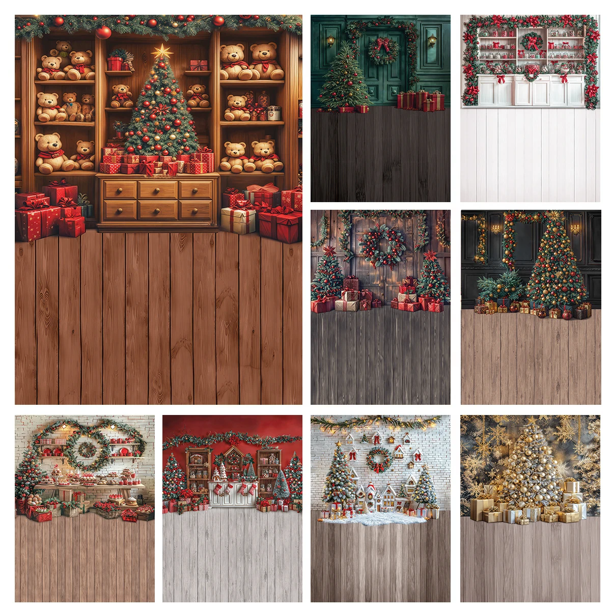 

Classic Christmas Party Decor Photography Backdrops Xmas Tree Gift Photo Background Kids Family Portrait Photo Studio Props