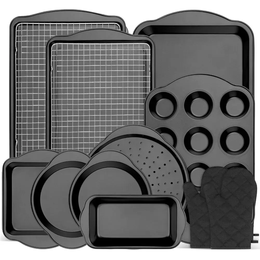 

13 PCS Nonstick Bakeware Set - Carbon Steel Baking Pans Set with Dual Handles, Includes Roasting Pan, Pizza Pan, Cookie Sheet, C