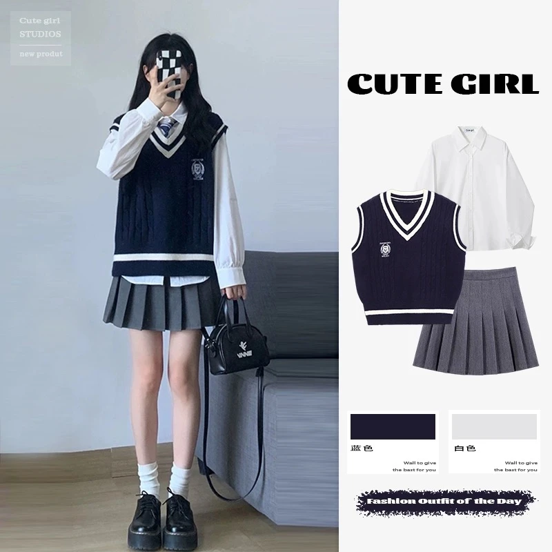 Nuovo autunno 3 pezzi Set ragazza coreana stile Preppy scollo a v maglia maglia camicia a maniche lunghe gonna a pieghe vestito grigio studenti vestiti