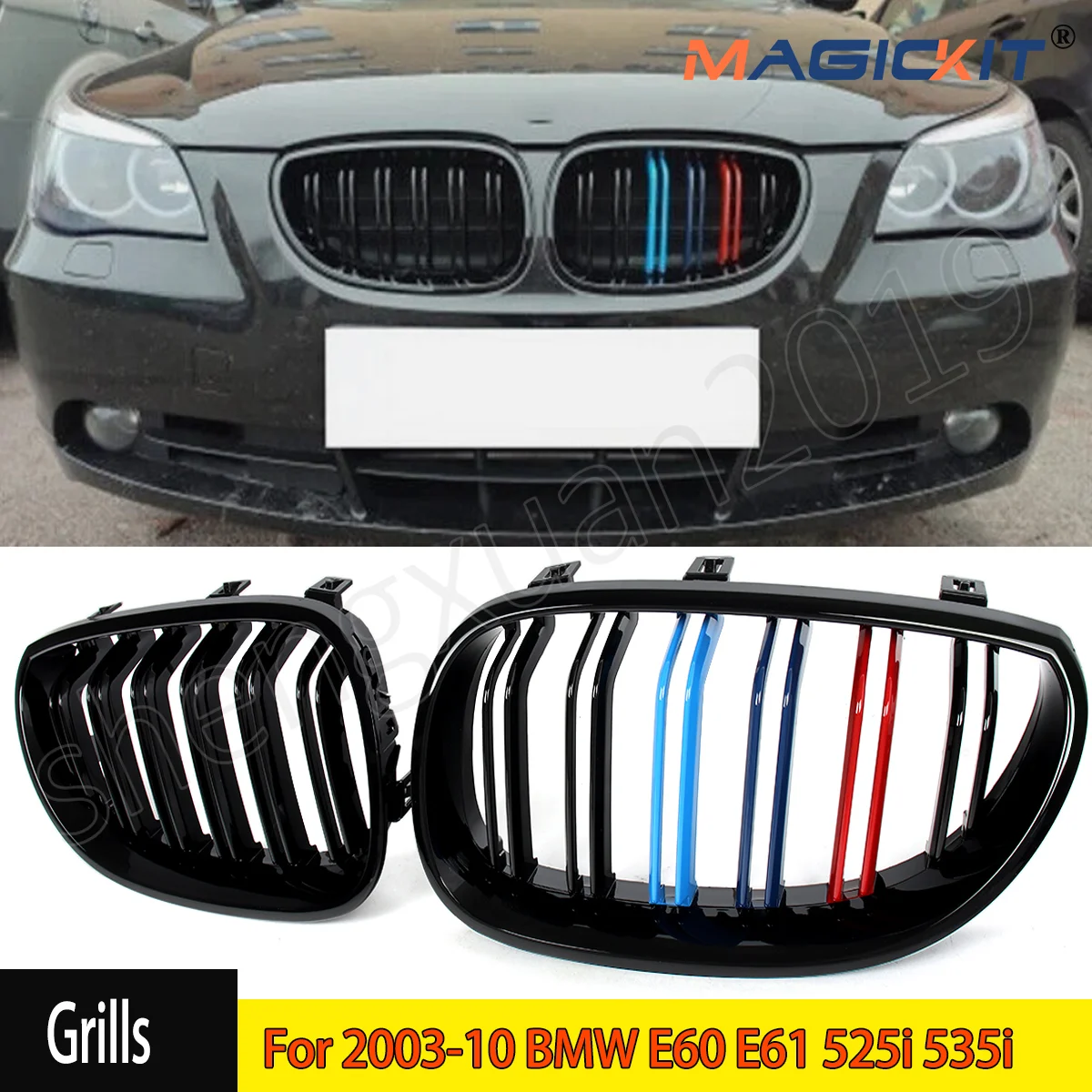 MAGICKIT Gloss Black M Color Front Kidney Grille Grill For 2003-10 BMW E60 E61 525i 535i