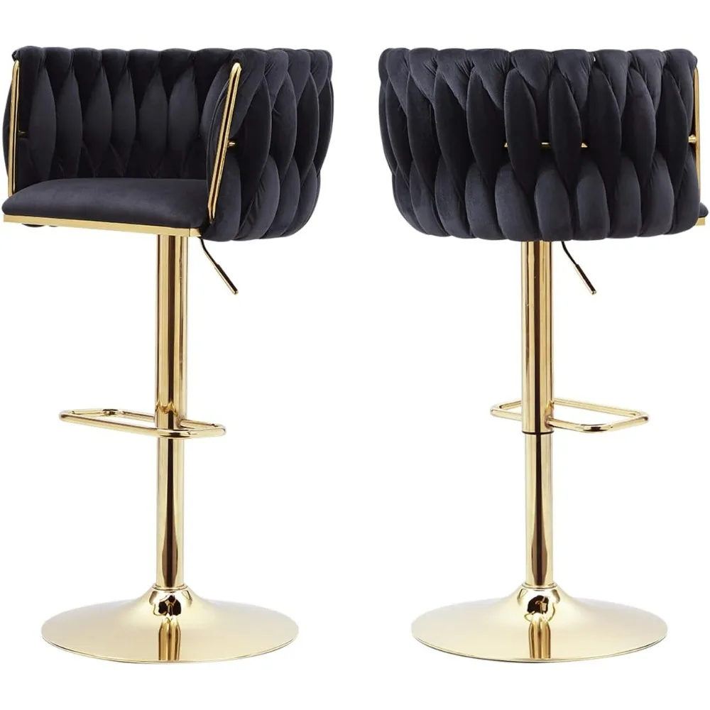 

Black Velvet Bar Stools Set of 2 - Modern Adjustable Swivel Counter Height Chairs with Woven Back for Island, Dining, Cafe, Pub