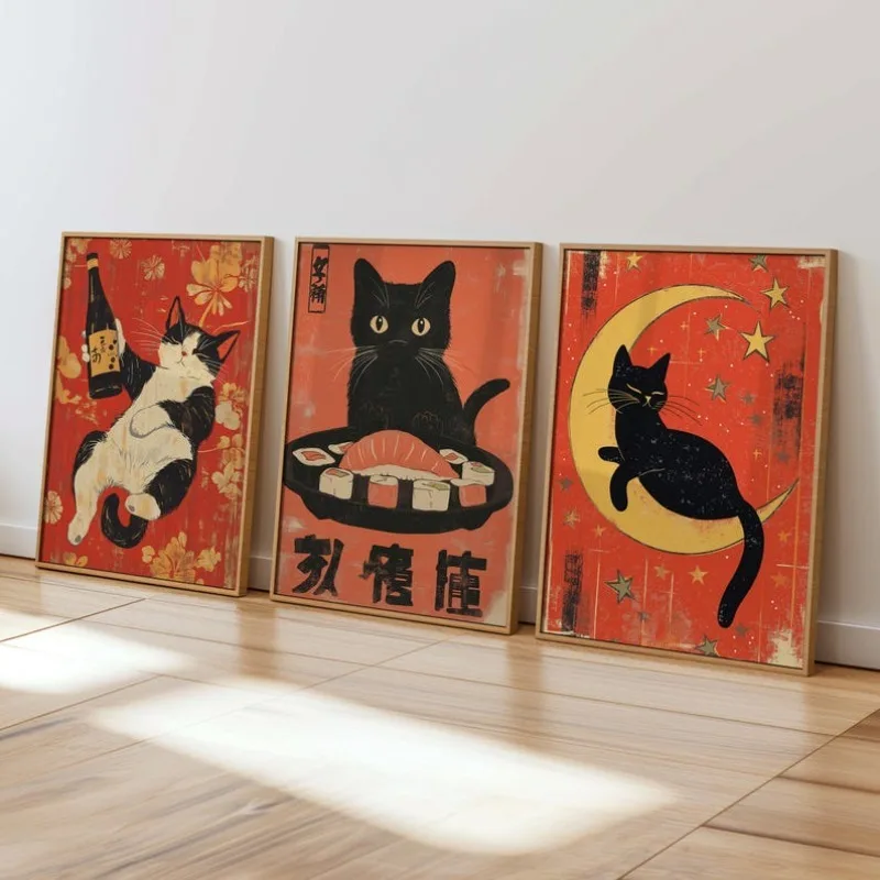 

2D/Flat 3pcs Retro Japanese Cat Canvas Poster, Frameless Vintage Black Cats Animal Wall Art Print for Living Room Decortions