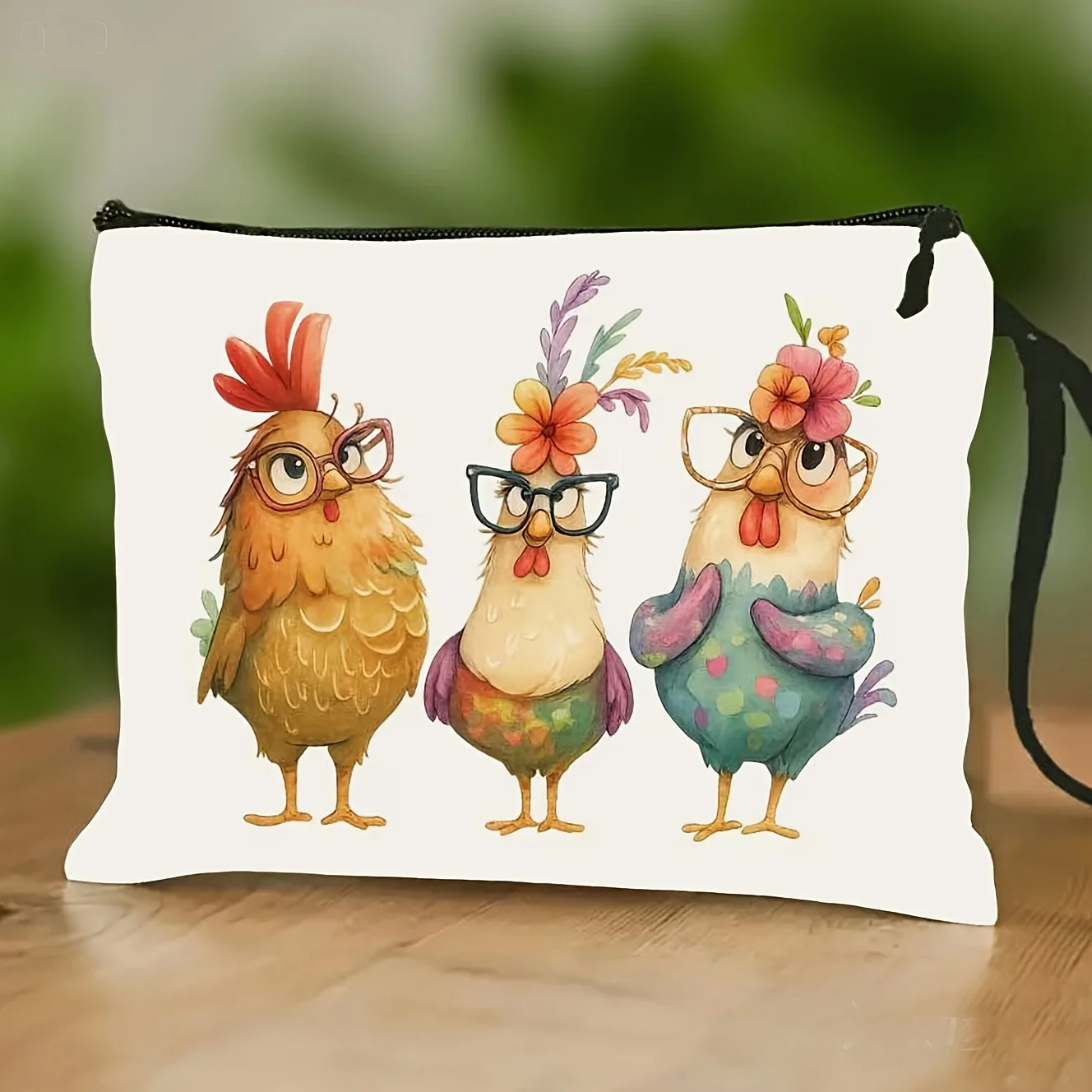

Cartoon Chicken with Glasses Pattern Makeup Bag Cute Chick Toiletry Pouch Pencil Case let Coin Purse Fun and Whimsical