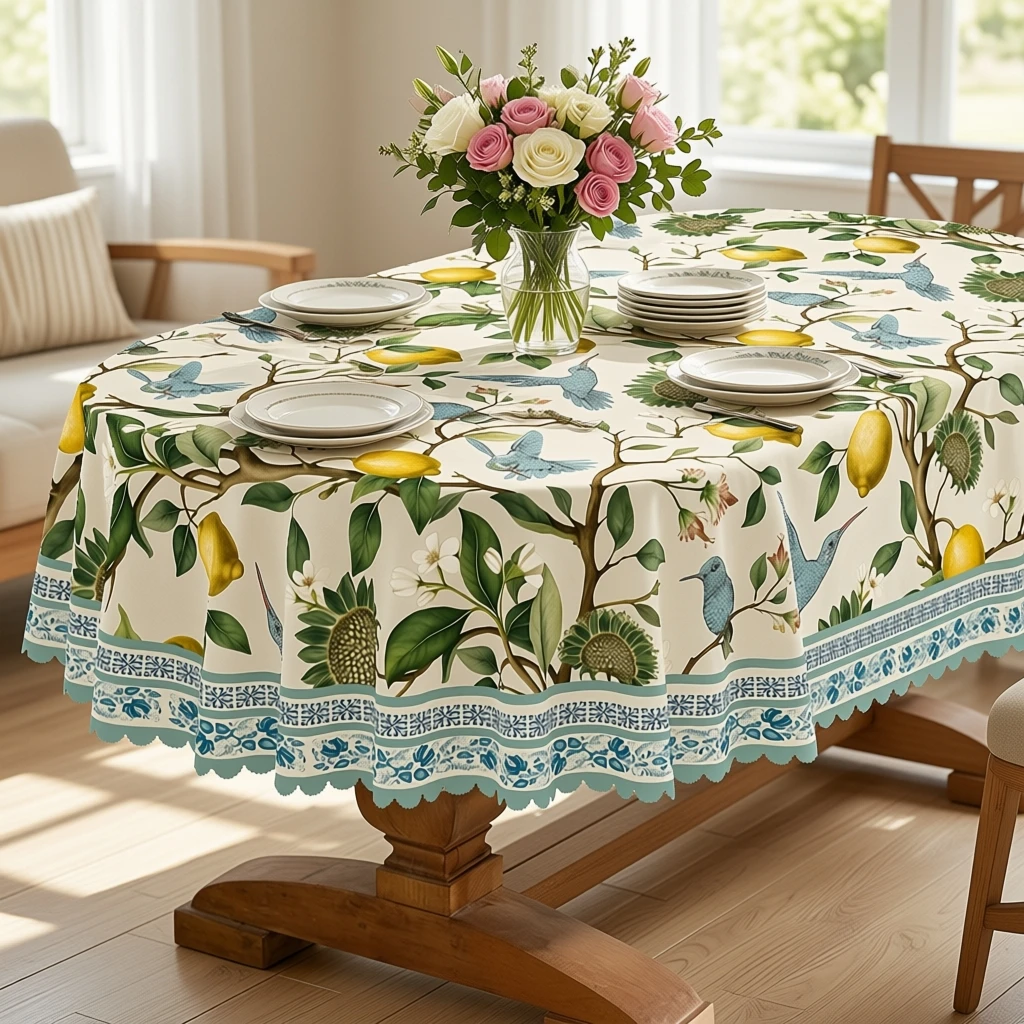 Floral Tablecloth, Vintage Botanical Nature Print, Elegant Farmhouse Dining Table Cover for Kitchen and Home, Oval