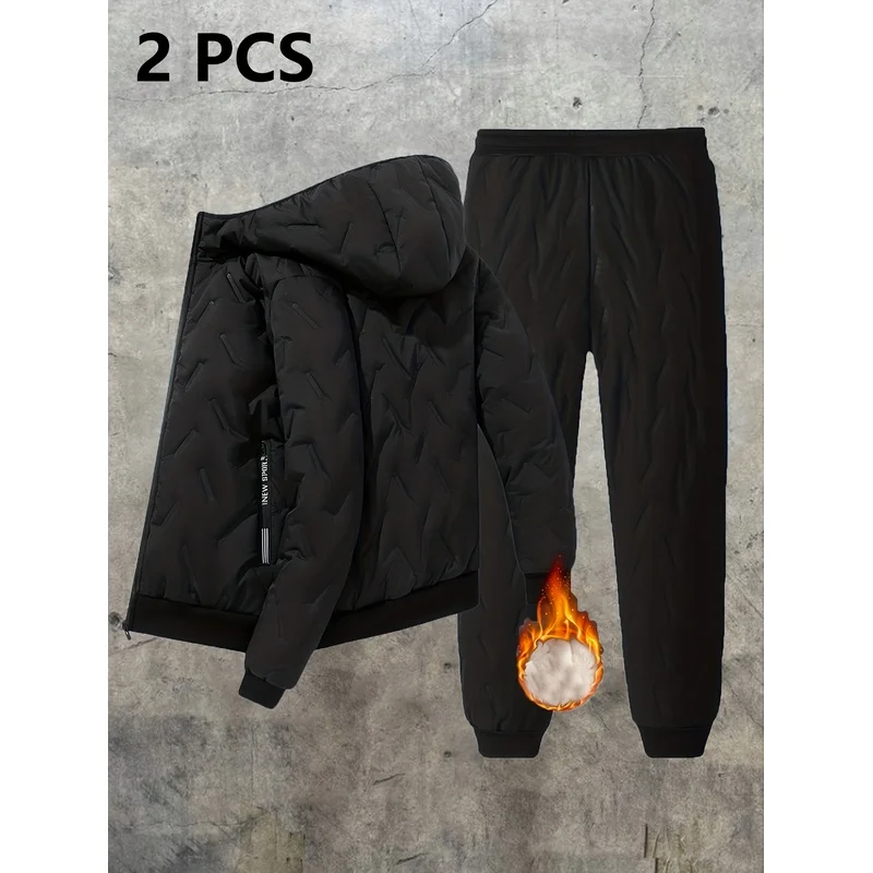 Winter Men's Clothing Clothes 2-Piece Warm Sportswear Casual Sports Thickened Hooded Jacket Cold-Proof Warm Sweatpants Coat Man