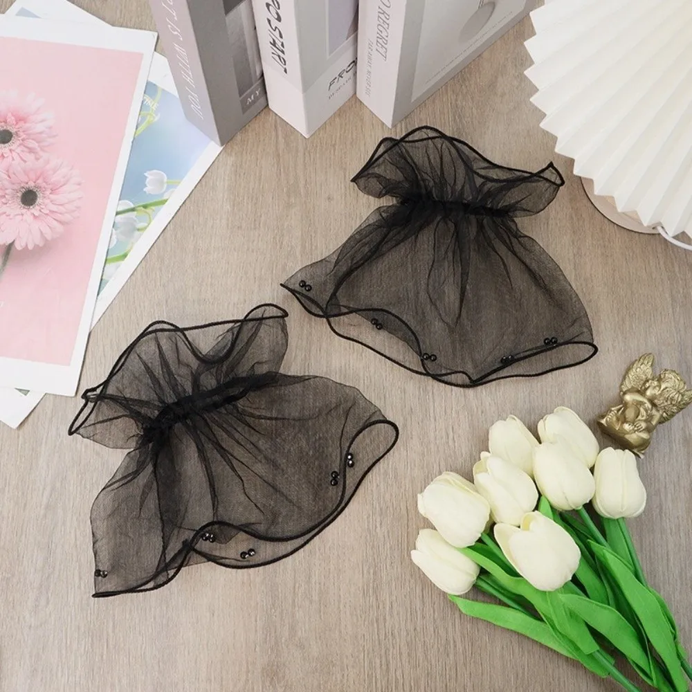 

1Pair Elegant Lace Mesh Wedding Cuffs Ruffled Pearl Bride Wristband Detachable Cuff Ruffled Wedding