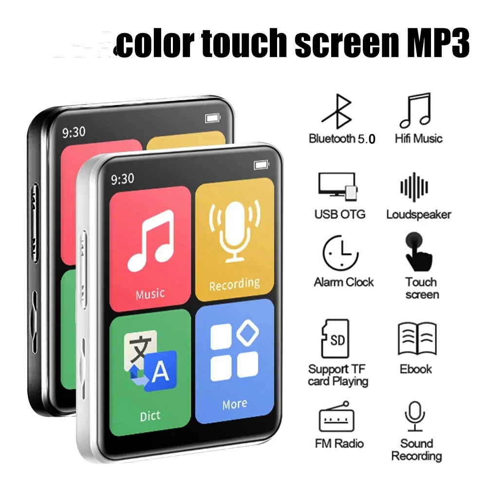 Mini reproductor MP3 con pantalla táctil Bluetooth de 8-128GB, reproductor de música Walkman, altavoz incorporado + libro electrónico/Radio Fm/reproductor MP4 con grabación de voz