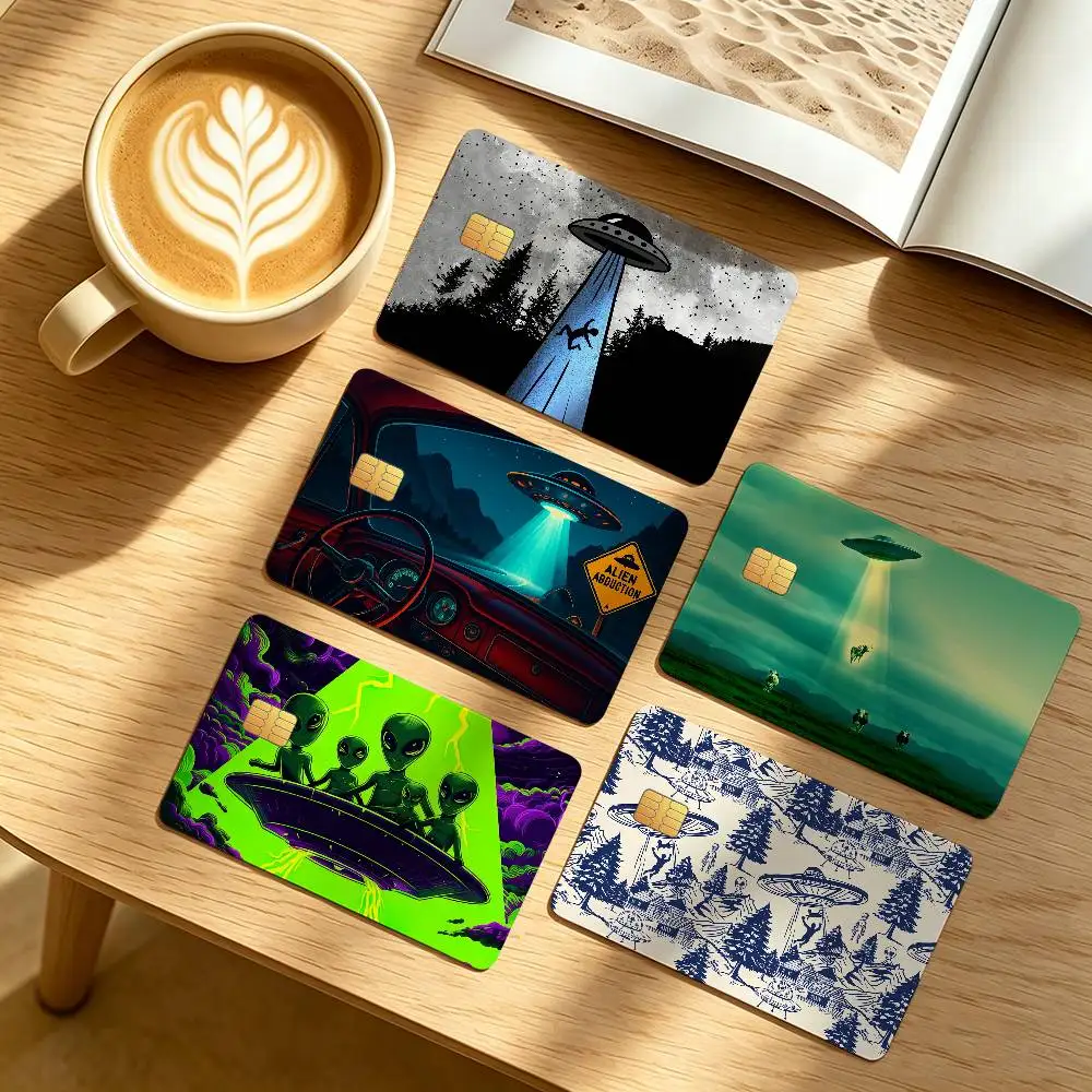 Alien invasion 4Pcs Waterproof Scratch Resistant Card Skin Stickers Fashion Decorative for Credit Debit Bank