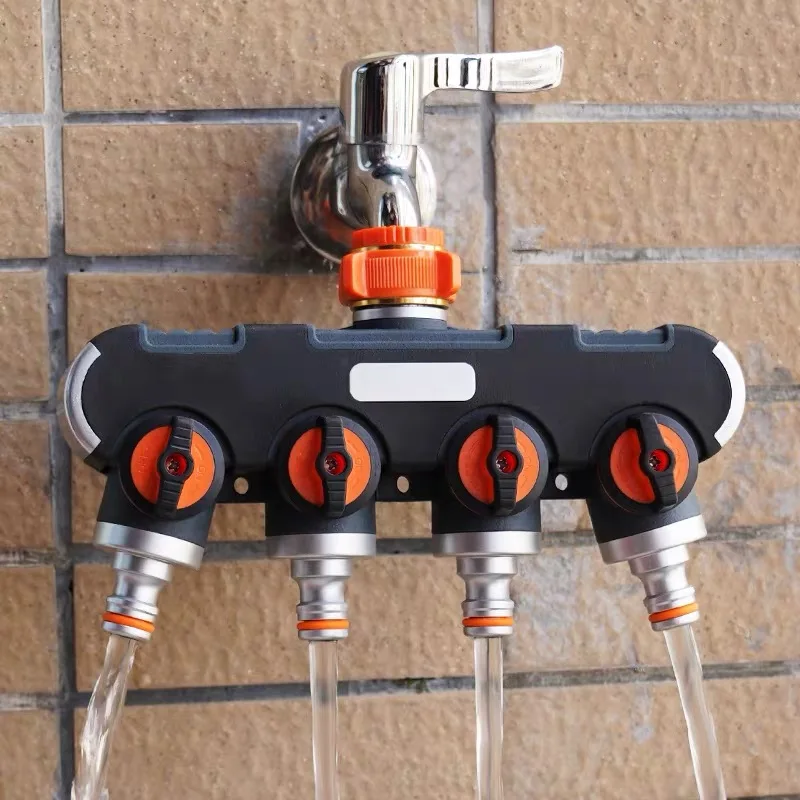 

1Pc 1/2" 3/4" Garden Hose Splitter 4 Way Distributor Tap Zinc Alloy Water Connection Distributor with Separate Regulator Valve