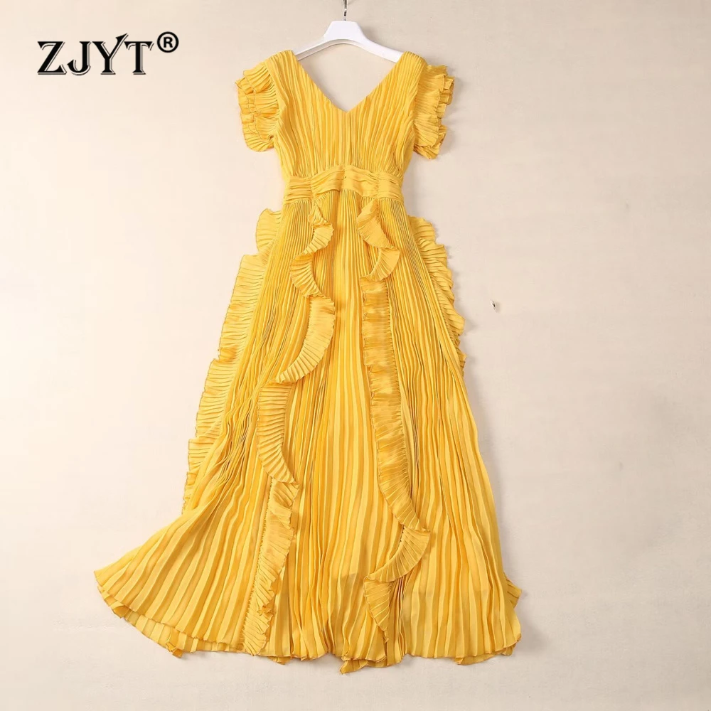 

ZJYT Women Fashion Summer Pleated Party Long Dresses Elegant V Neck Ruffles Spliced Yellow Vestidos De Fiesta Robes Longues