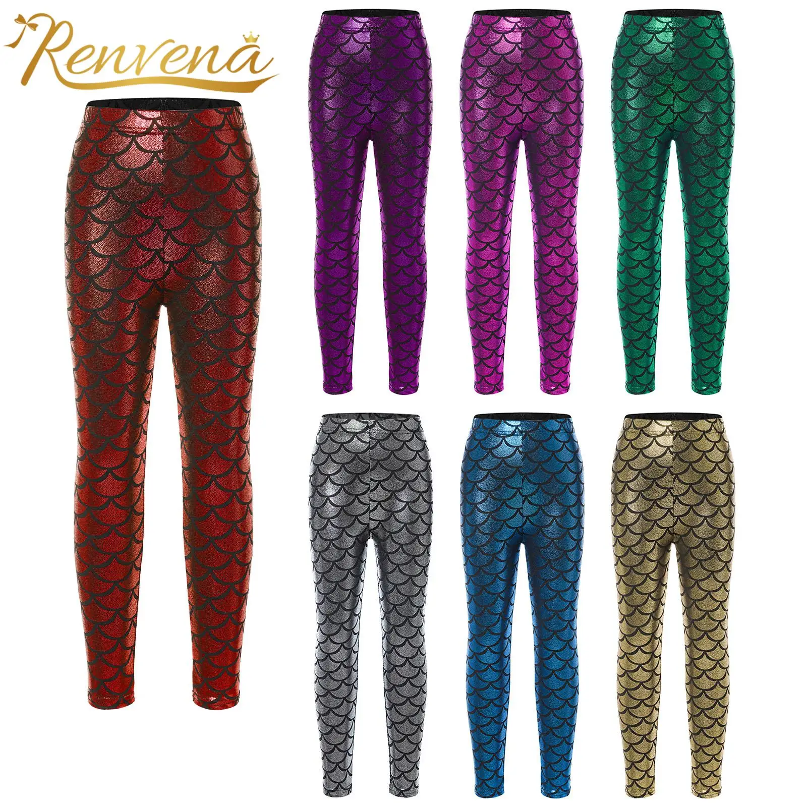Dziecięce dziewczęce spodnie syrenka metaliczne legginsy z rybiej łuski rozciągliwe rajstopy legginsy na występy taneczne kostiumy na imprezę Cosplay