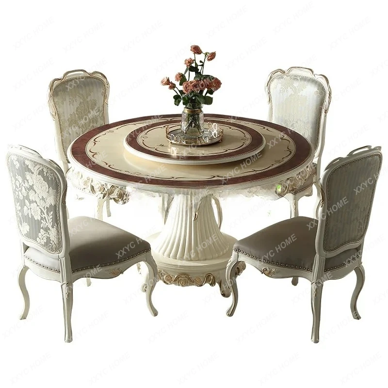 QQ1.4M round dining table and chairs combination beech pearlescent white with turntable dining table