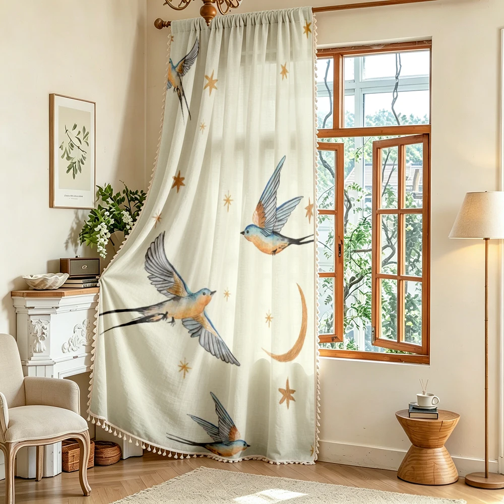 1PC Dreamy Tassel Sheer Curtains, Swallow Bird Moon Star Celestial, Digital Print, Polyester, Bedroom Living Room Home Decor
