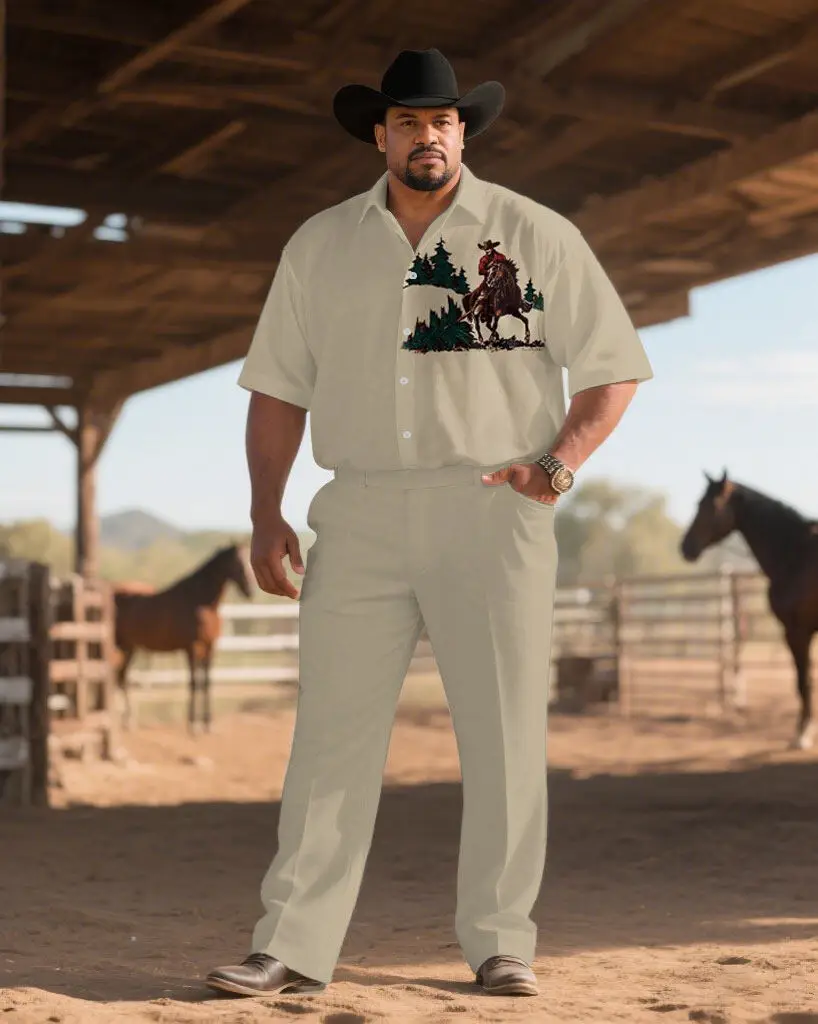 

S-9XL Men's Western Cowboy Embroidery Print Shirt & Pants Set Multi-Design Casual 2-Piece Summer Outfit