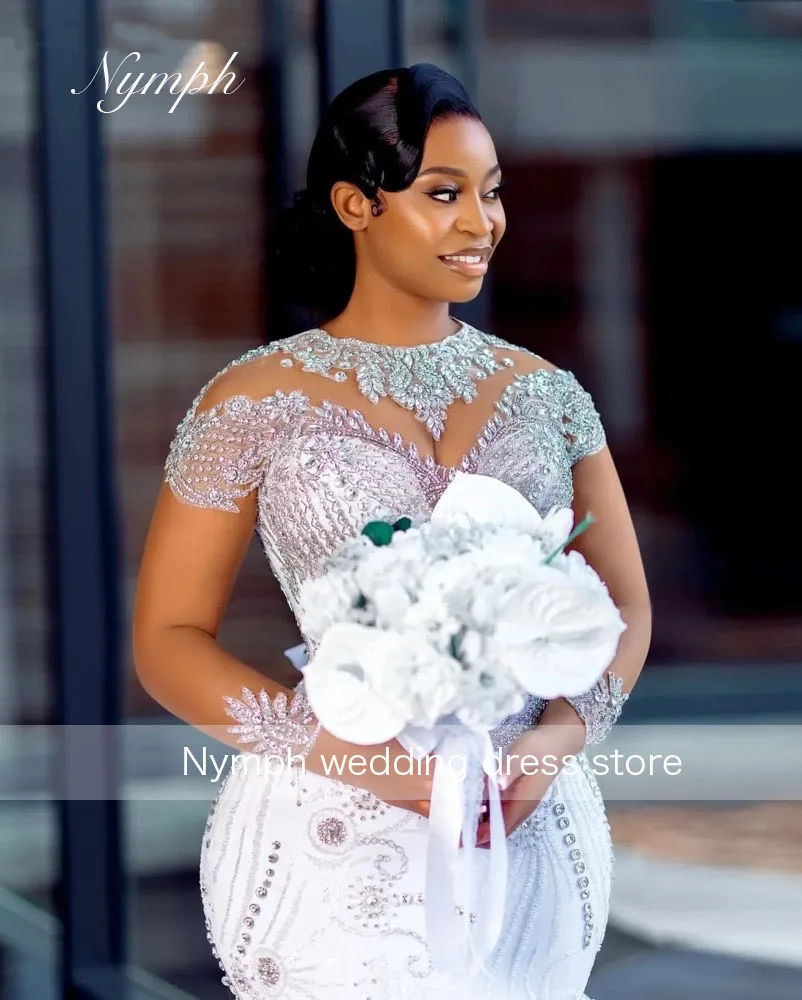 Customized Long Sleeves Mermaid Wedding Dress For Bride Marriage Organza Tiered  Crystals Bead African Aso Ebi Bridal Gowns