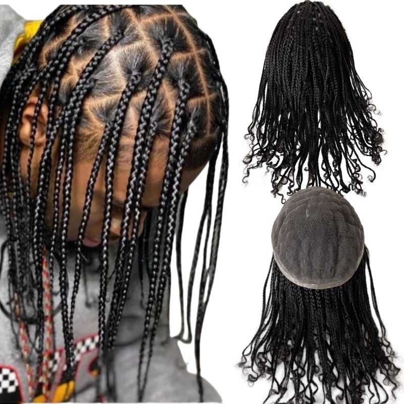 

Indian Virgin Human Hair Replacement #1B Off Black Box Braids Toupee 8x10 Full Lace Unit for Black Men