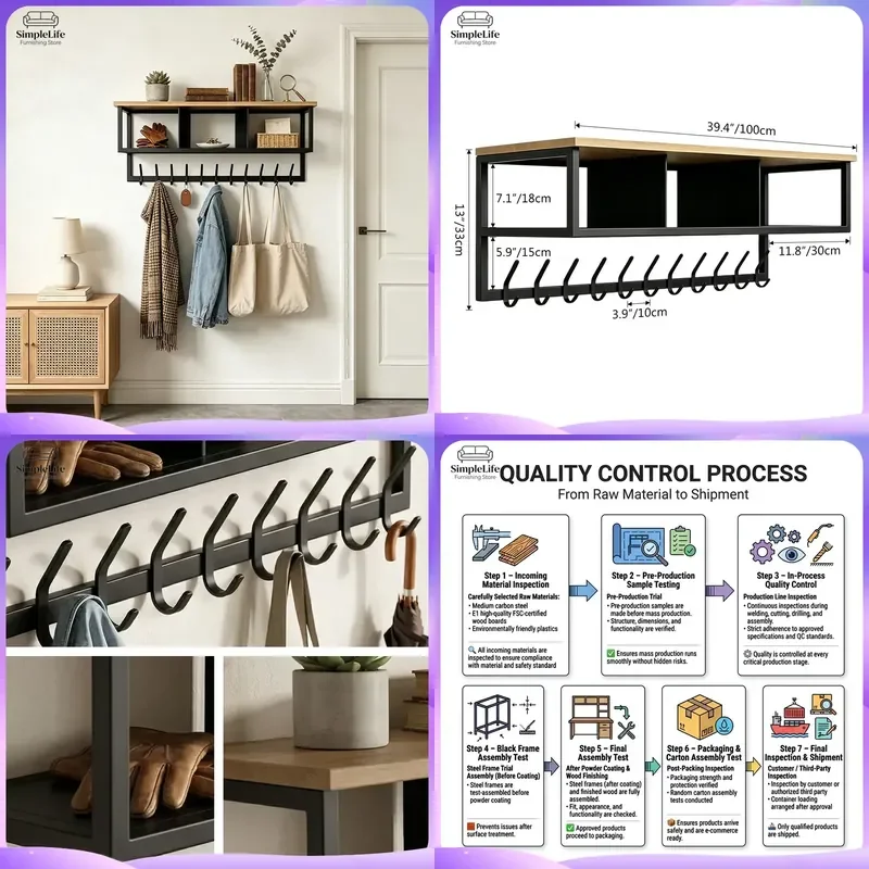 Industrial Wall Mounted Coat Rack with 10 Hooks and 3 Shelves Modern Metal Wood Entryway Hall Tree Storage Organizer for