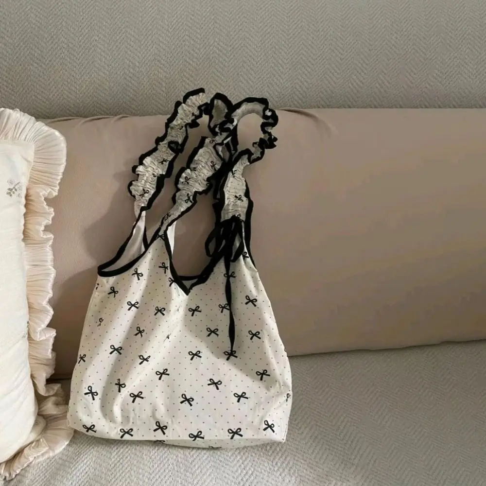 

Portable Polka Dot Ruffle Lace Canvas Bag Sweet Large Capacity Bow Shoulder Bag Casual Korean Style Plaid Shoulder Bag Student