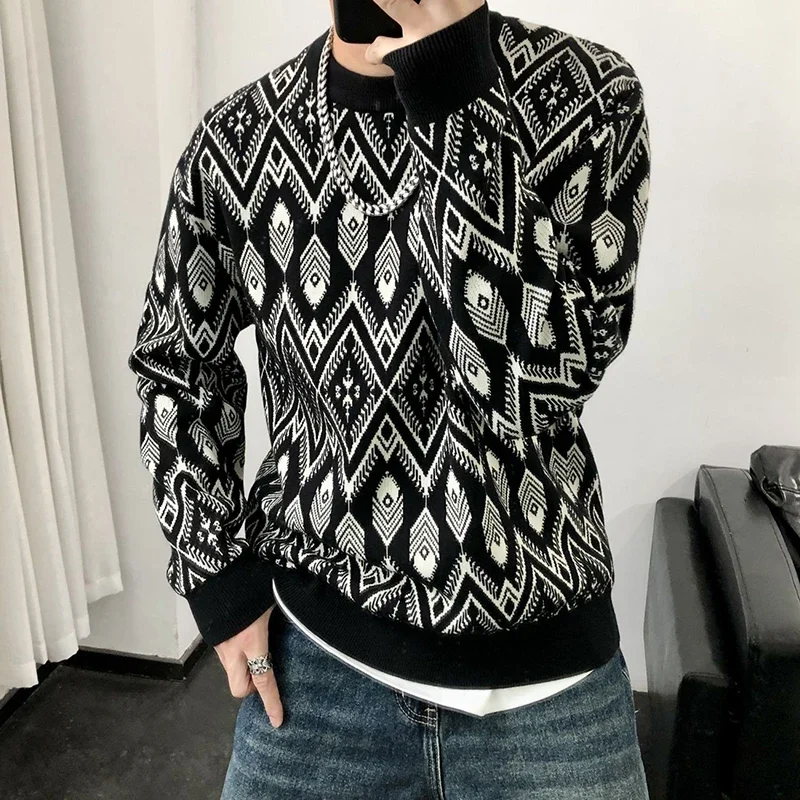 เสื้อสเวตเตอร์แฟชั่น คอทรงโอ ตัดต่อ ลายเรขาคณิต สไตล์วินเทจ เสื้อผ้าผู้ชาย ฤดูใบไม้ร่วง ฤดูหนาว รุ่นใหม่ ทรงหลวม สไตล์เกาหลี เสื้อสวมหัวลำลอง