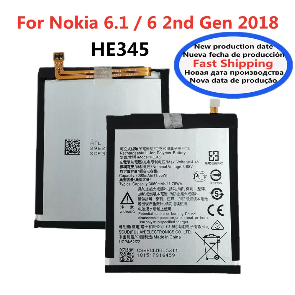 HE345 Original Battery For Nokia 6 2nd Gen 2018 / Nokia 6.1 TA-1054 TA-1043 TA-1050 TA-1068 HE353 HE344 3060mAh Phone Battery