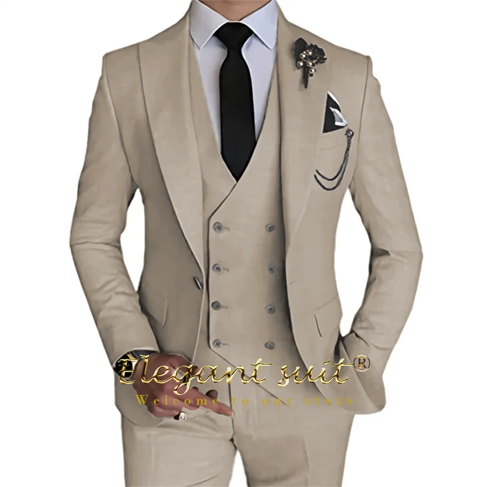 Men's Khaki Formal 3 Piece Groomsmen Wedding Elegant Tuxedo Suit with Fitted Lapel (blazer + vest + pants)