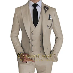 Traje de esmoquin de color caqui para hombre, traje Formal de 3 piezas para padrinos de boda, elegante con solapa ajustada (blazer + chaleco + Pantalones)