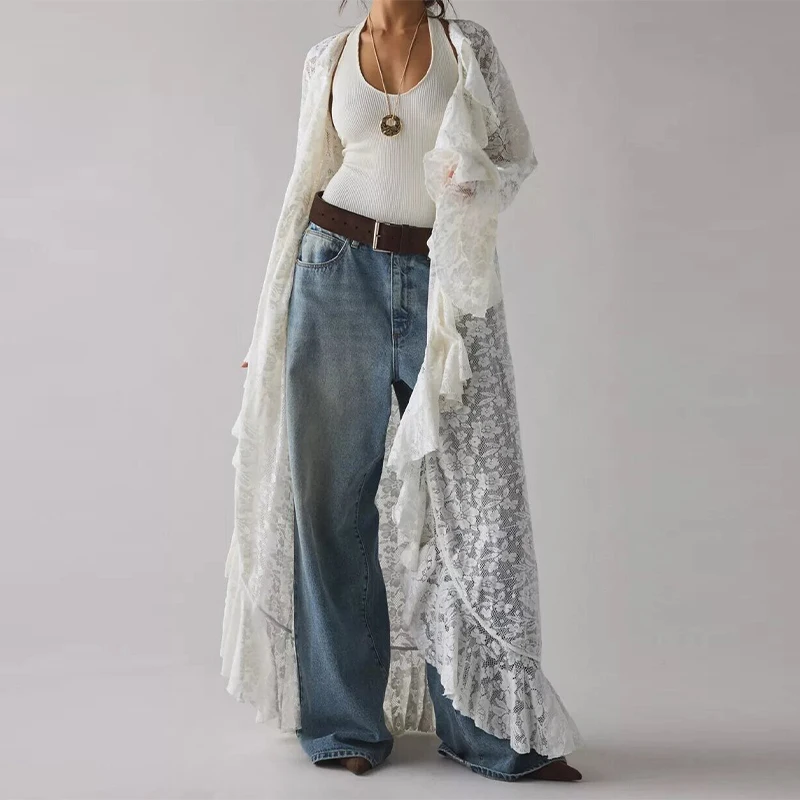 

White Lace Ruffle Maxi Kimono For Women Long Sleeve Open Front Floral Lace Bohemian Summer Vacation Beach Cover Up