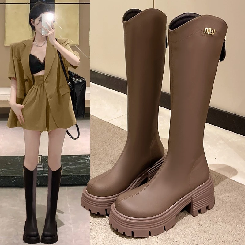 

Women's Fashion Leather Boots Thick Sole Knee Length Square Heel Anti-slip Back Zipper Women Boots Outdoor Leisure Botas Mujer