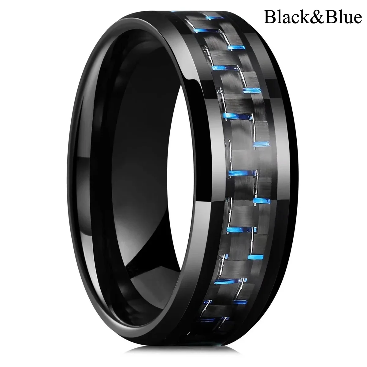 Fashion 8mm Men Stainless Steel Rings Inlaid Black Blue Red Carbon Fiber Rings For Men Wedding Engagement Party Jewelry Gifts