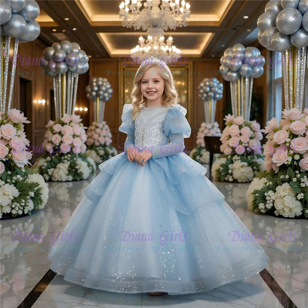 

Новое роскошное платье для девочки-цветочницы, небесно-голубое, из пышного тюля с качественной аппликацией, для свадьбы, дня рождения, вечеринки, вечерних мероприятий