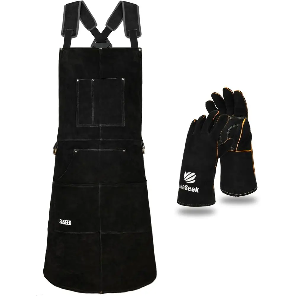 

Leather Welding Apron, Heat & Flame-Resistant Heavy Duty Work Apron with 6 Pockets, Woodworking Shop Apron