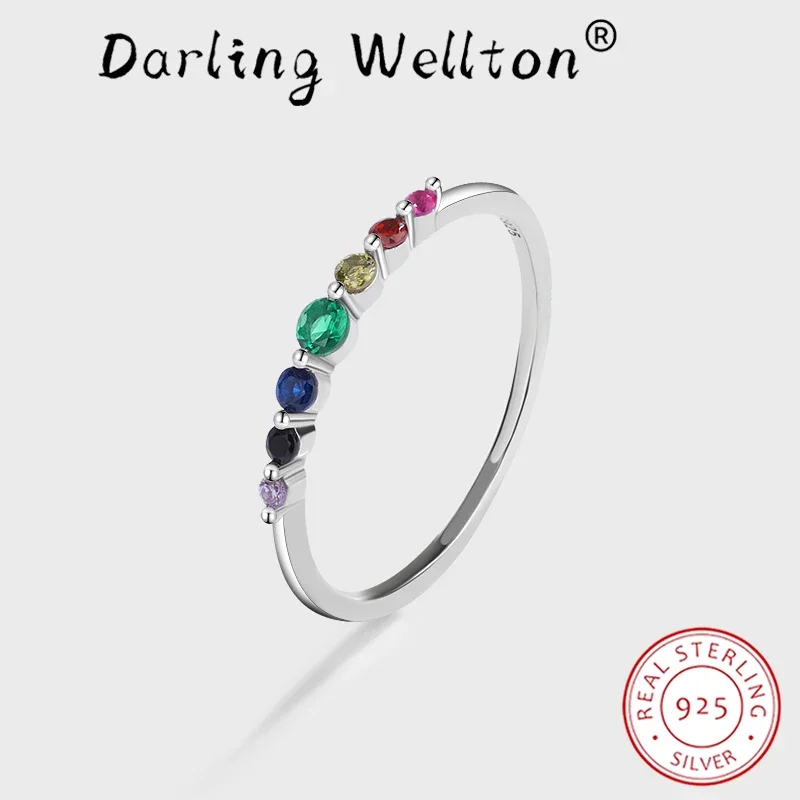 NEW Classic Rainbow Ruby Emerald Sngle Row Full of Diamonds Couples Ring For Women Original Sterling Silver Gift Party Jewelry