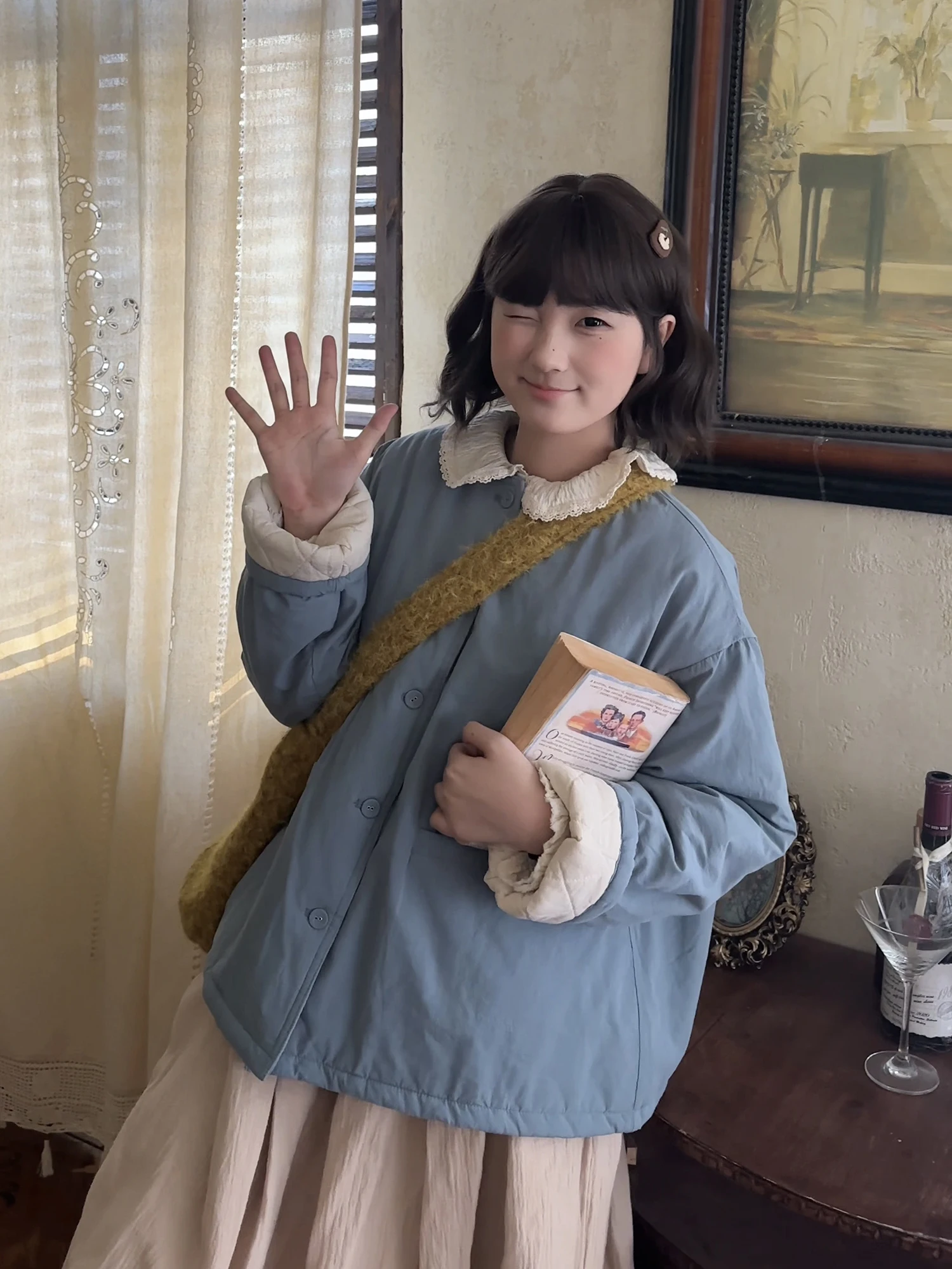 

Retro round Ne Cotton Jaet Women's Loose Warm Slimming Blue Outerwear Pure Color Cotton Coat Commute Sle Long Sve