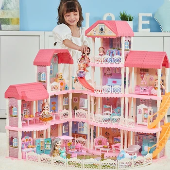 DIY Plastic Large Dollhouse Princess Big Villa Playroom Furniture Kit with Light Assembled Doll House Toys for Girls XMAS Gifts