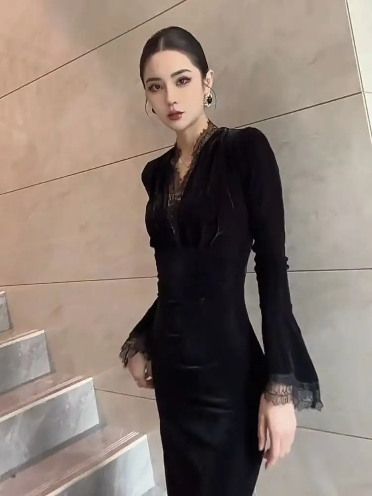 المرأة فستان طويل بسيط الخامس الرقبة طويلة الأكمام ضيق سليم فساتين الدانتيل أنيقة موضة الكورية المرأة رداء مثير التخسيس فستان TS390