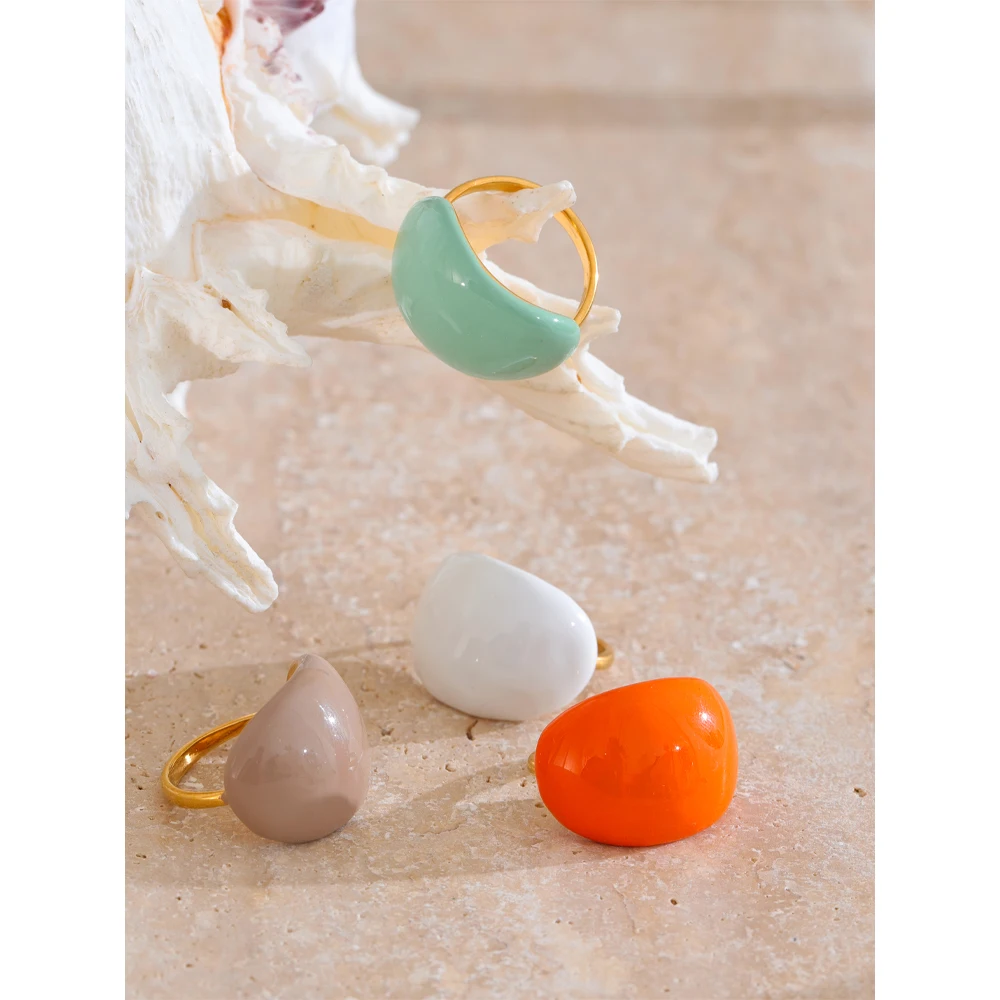 2026hot Stainless Steel Fashion Joyful Candy Multi-Color Khaki Orange Blue White Enamel Ring Waterproof Adjustable Charm Jewelry