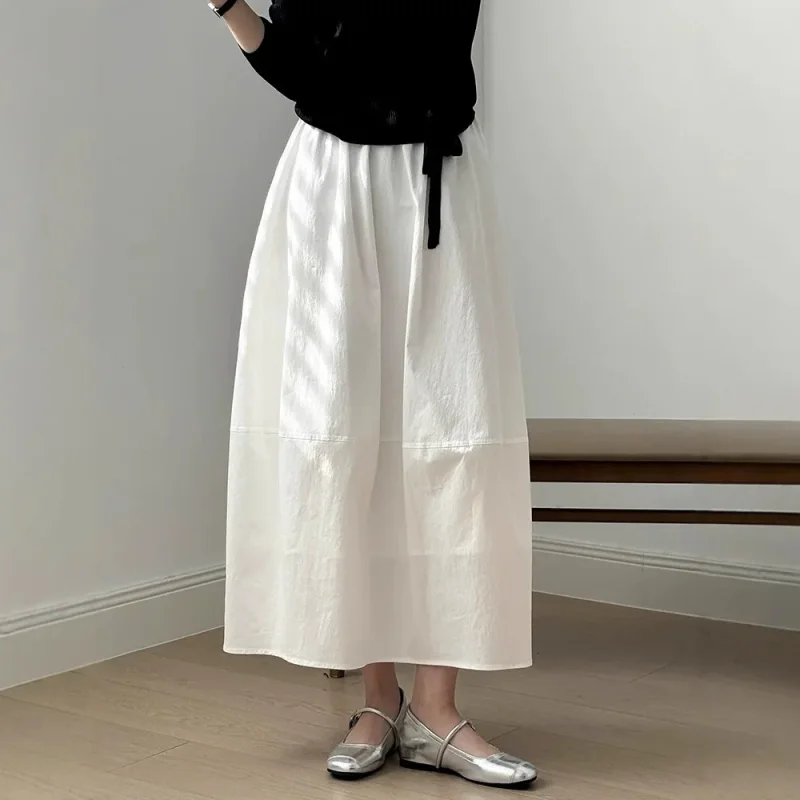 

Spring Summer White Long Skirts for Woman Elegant Elastic High Waist Flared Umbrella Skirt Woman Casual Solid A-Line Maxi Skirt