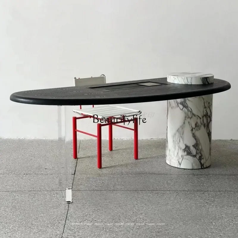 

yj7 New Chinese solid wood tea table, black walnut acrylic suspended rock slab tea table