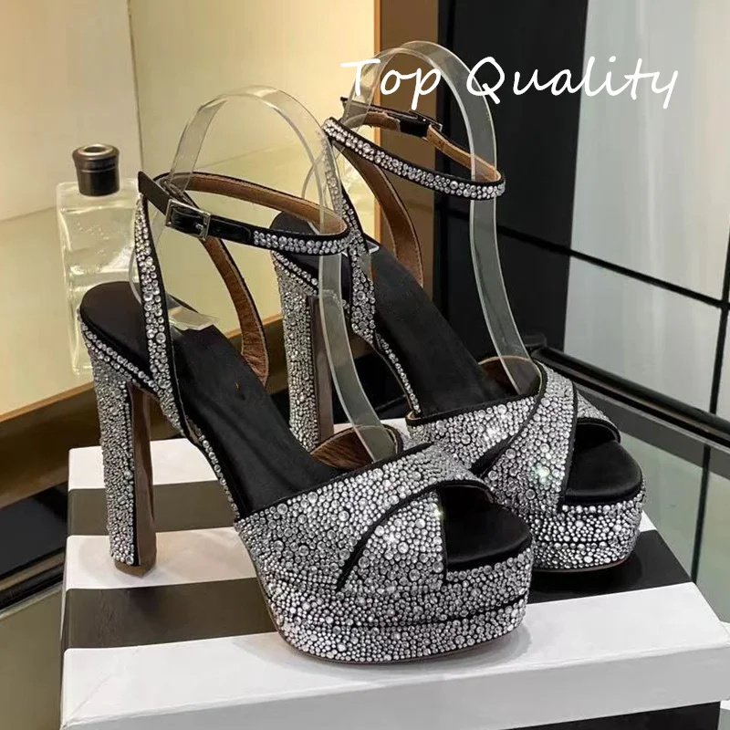 

Women's High Heels Shoe Genuine Leather Ankle Buckle Strap Runway Diamond inlayWoman For Sandals Platform Party Shoes