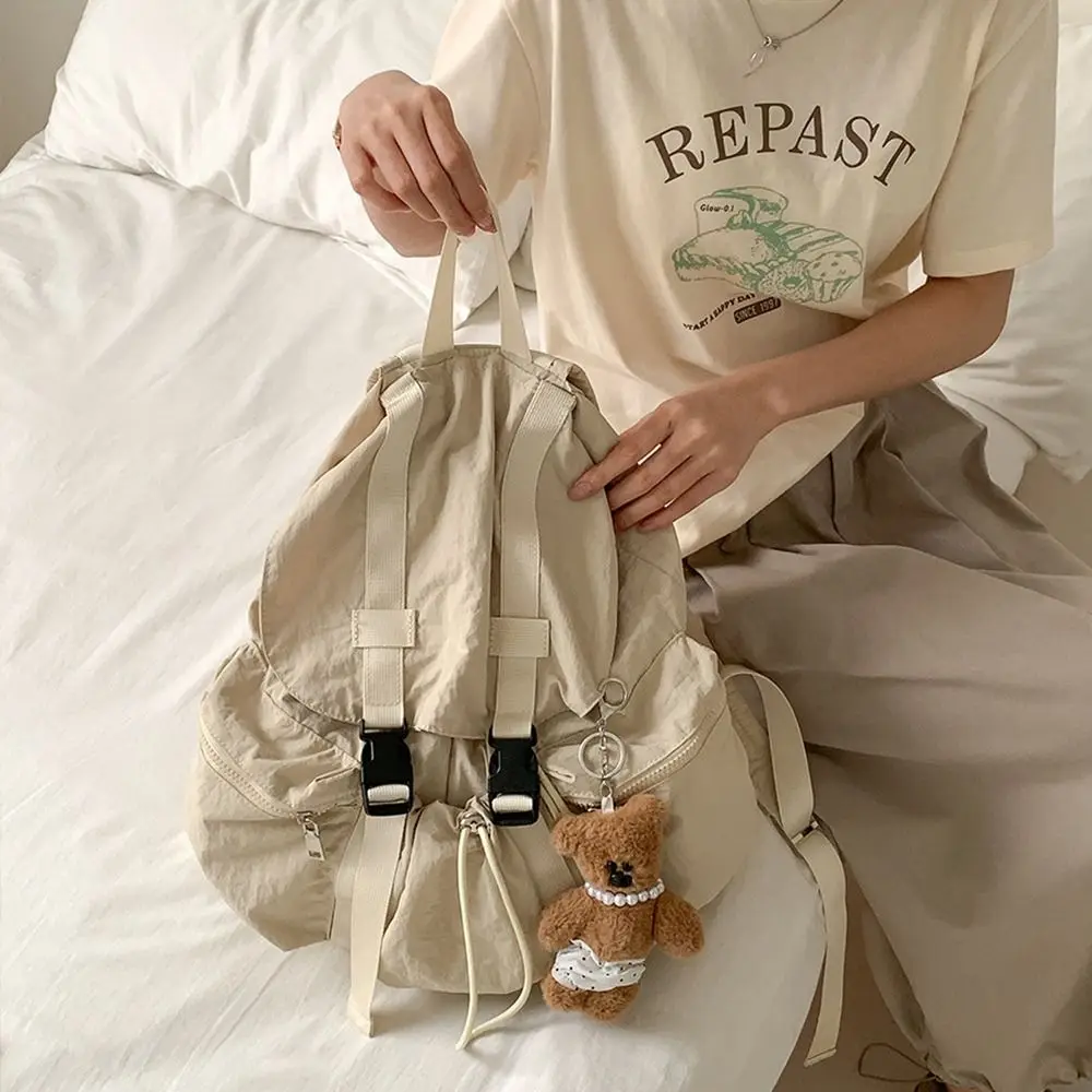 حقائب ظهر عصرية برباط بلون واحد، خفيفة الوزن، سعة كبيرة، حقائب كتف مكشكشة، حقيبة مدرسية للطلاب من النايلون للمراهقين