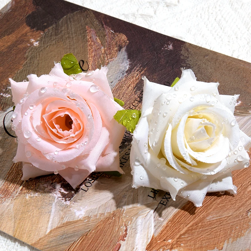 50PCS/5CM White Dewdrop Rose Artificial Silk Flowers Head For Home Wedding Decoration Wreath DIY Gift Scrapbooking Fake Flowers