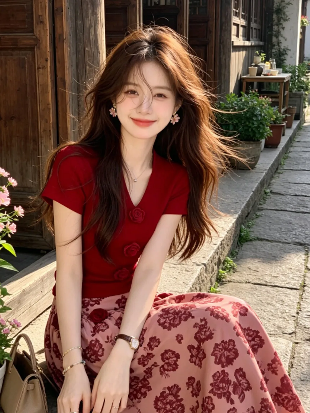 

Gentle Wind Unique Super Beautiful V-neck Top Half Skirt Two-piece Set Anti-aging Combination Whole Set Summer Comfortable Fa...