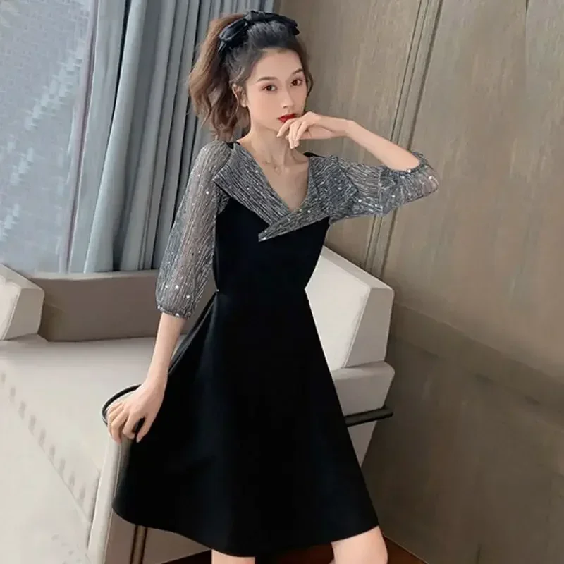 A Line Korean Style Midi Mesh Women's Long Sleeve Dresses New Features of In Fashion Summer 2025 Elegant Party Xxl Female Dress