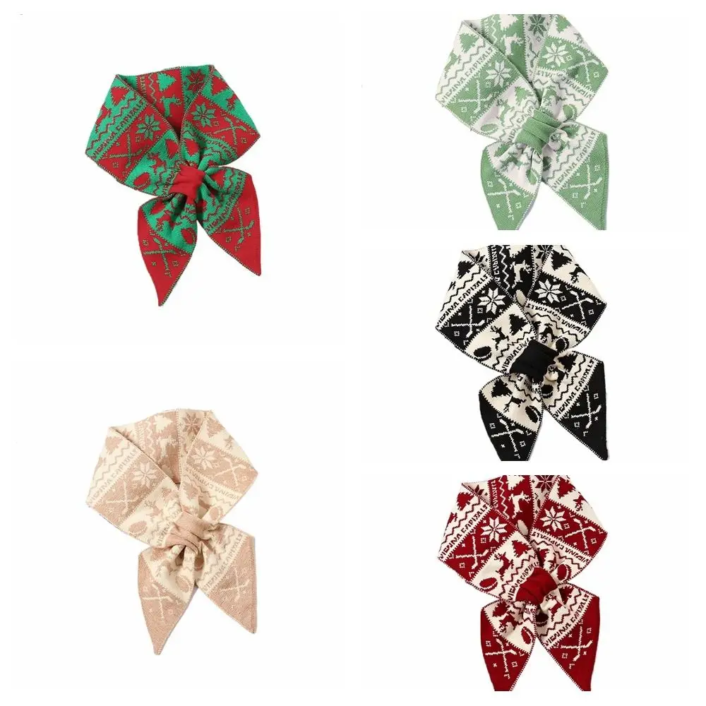 Cute Deer Winter Knitted Scarves Jacquard Korean Style Women Scarf Windproof Bow Tie Woolen Neckerchiefs New Year Gift